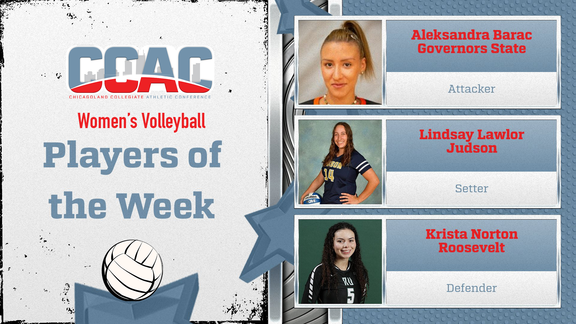 Weekly VB Awards Claimed By JU's Lawlor, Governors State's Barac, Roosevelt's Norton