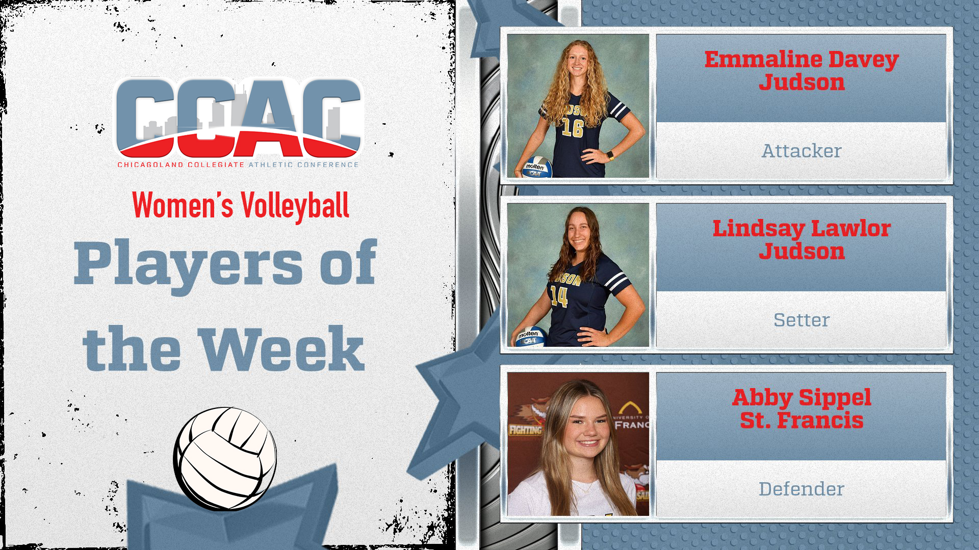 Judson's Lawlor, Davey, USF's Sippel Capture Latest Set of Volleyball Weekly Awards